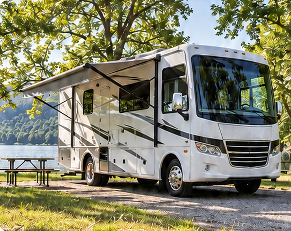 White Class A motorhome with its awning out, parked under shade trees at a lakeside campsite
